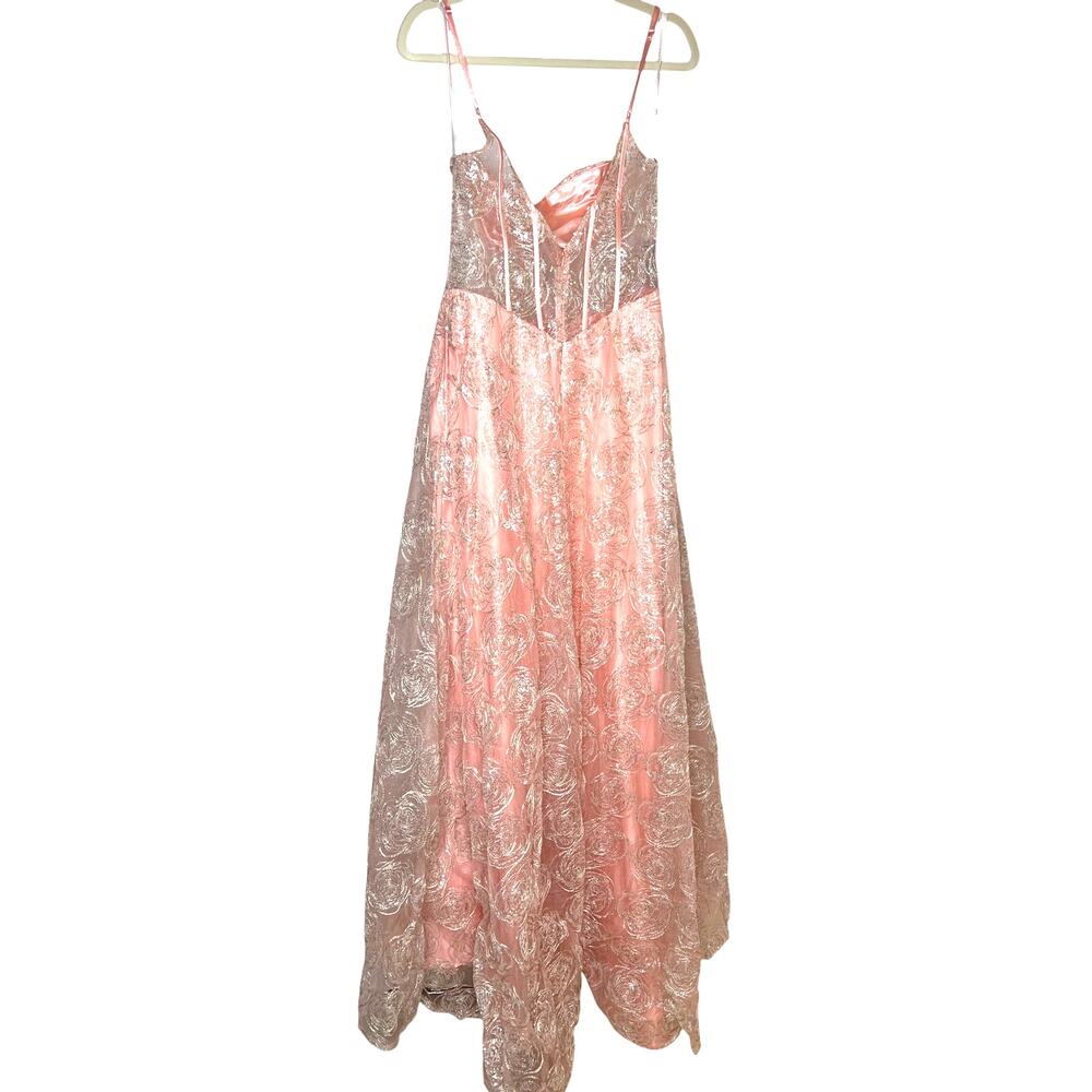 NWT Womens Lucci Lu Dress, 1277, Coral Pink, Rose Overlay, Illusion Bodice Sz 10 - Picture 4 of 10